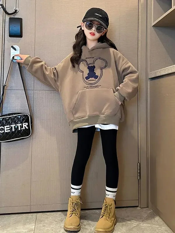 2025 girls clothes autumn winter sweatshirt bear t-shirt hooded + stretch pants leggings teens children set 8 9 10 11 12 year