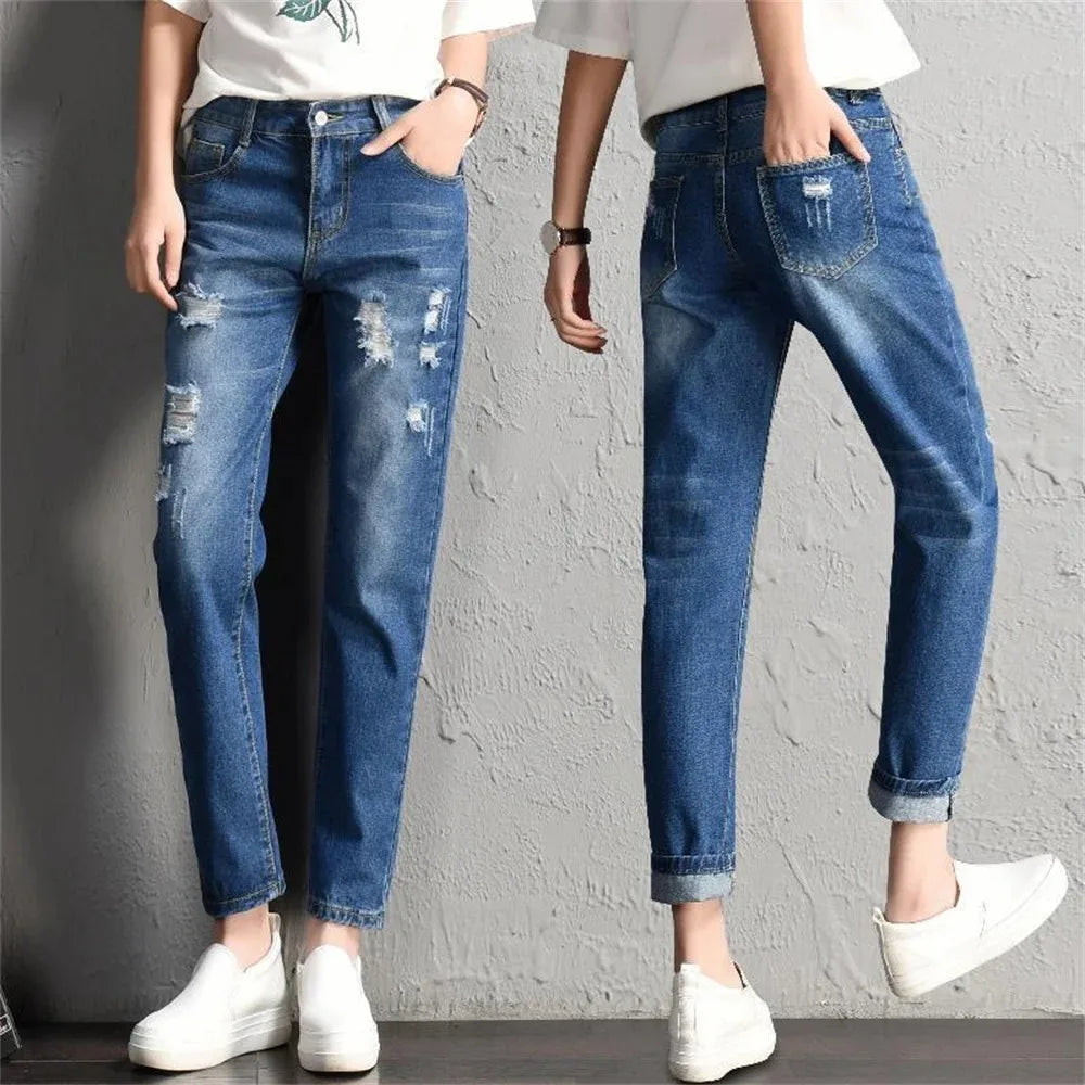 2025 Women jeans Clothing Mid Waist Boyfriend Big Ripped Hole Jeans Casual High Street Denim Pants woman Pencil Jeans y2k