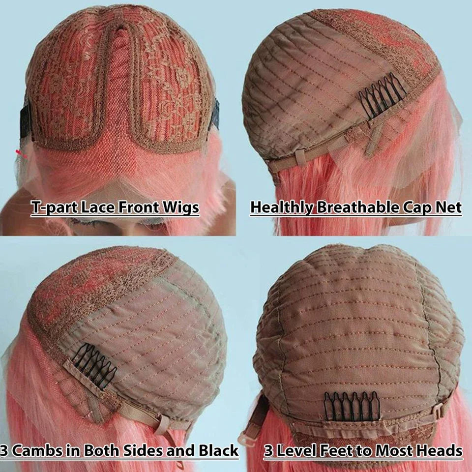 Sleek Pink Lace Front Short Bob Wigs Brazilian Ombre Black T4/Pink Human Hair Wigs 200% Density Natural Remy Human Hair