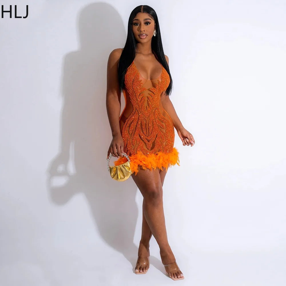 HLJ Fashion Perspective Sequin Halter Lace Up Bodycon Mini Dress Women Backless Sleeveless Feather Splicing Party Club Vestidos