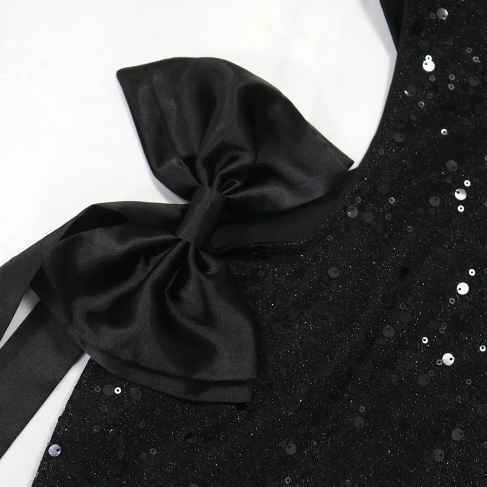 FAGADOER Bow Patchwork Bodycon Birthday Party Mini Sequined Dress Black Sexy Side Hollow Halter Tassel Night Clubwear 2024 New