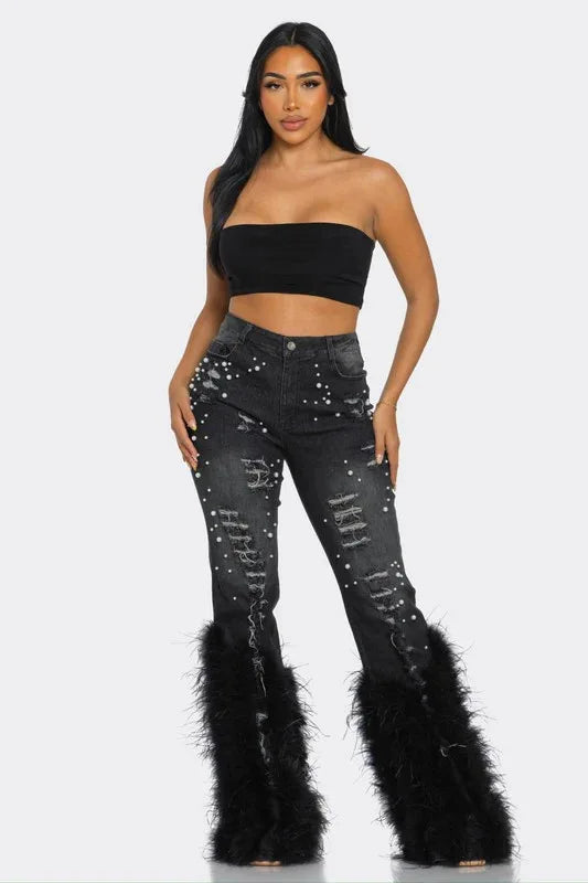 FAGADOER Feathers Patchwork Denim Pants Women Fashion Pearls Holes Tassel High Waist Stretchy Jeans Y2K Streetwear Bottoms New
