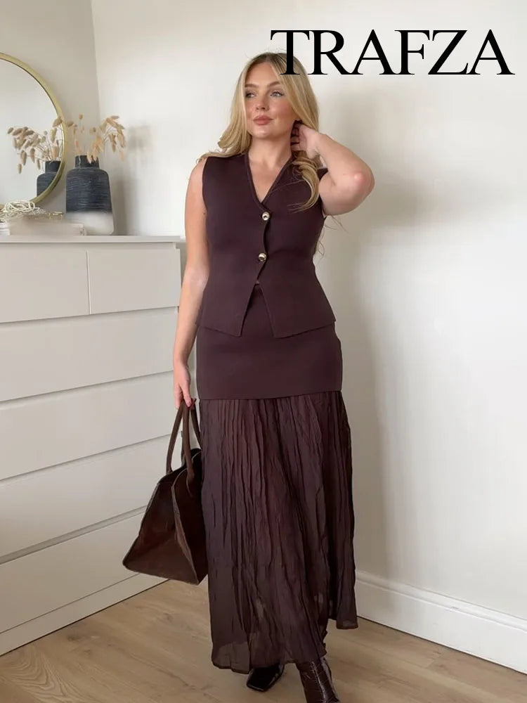 Women 2 Piece Set Knitted Vest High Waist Skirt