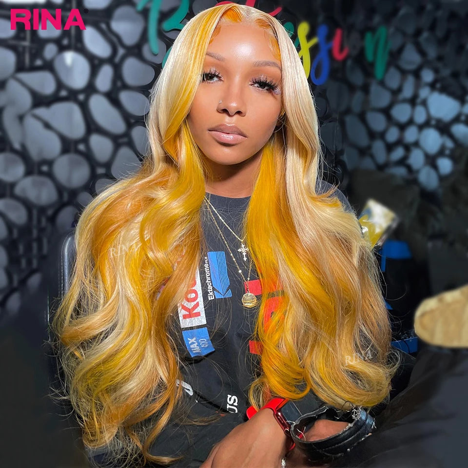 Yellow With 613 Lace Front Wig 13X4 Ombre Light Yellow Blonde 613 Color Body Wave Lace Front Wigs PrePlucked Human Hair Wigs