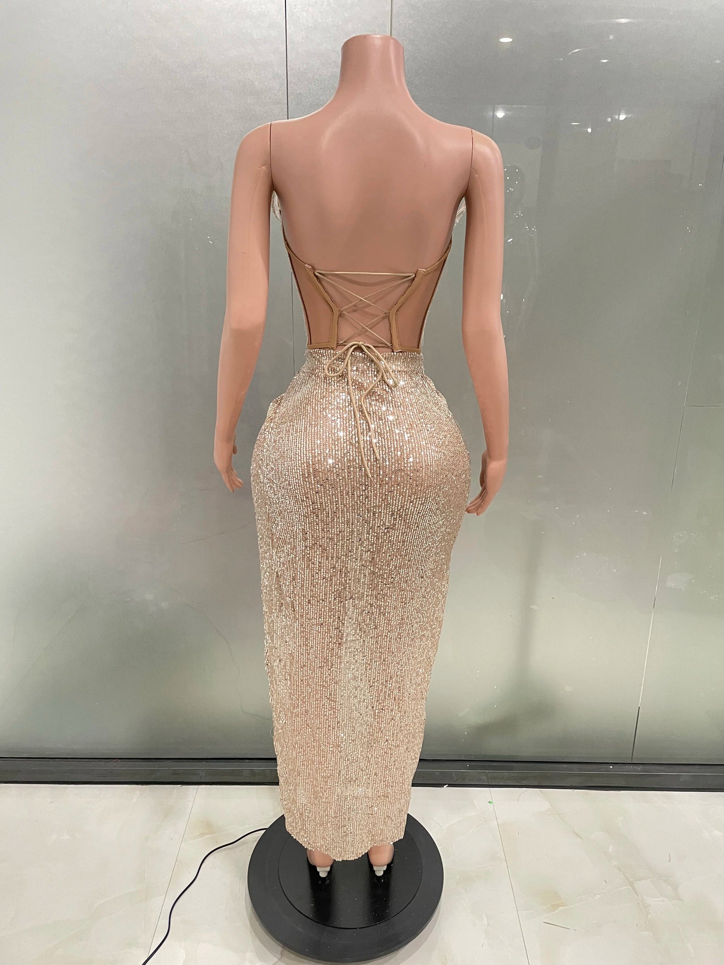 Women Glitter rhinestone Bright Sequins Two Pieces Evening Party Dress Celebrate Festival Dancer Bar Nightclub Ds Dj Stage Wear