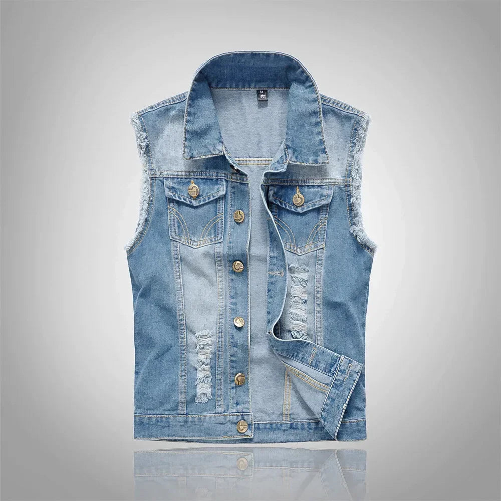 2025 Men's Fashion Jeans Sleeveless Jacket Vest Male Black Blue Denim Jeans Vest Man Cowboy Outdoors Waistcoat Mens Jacket Vest