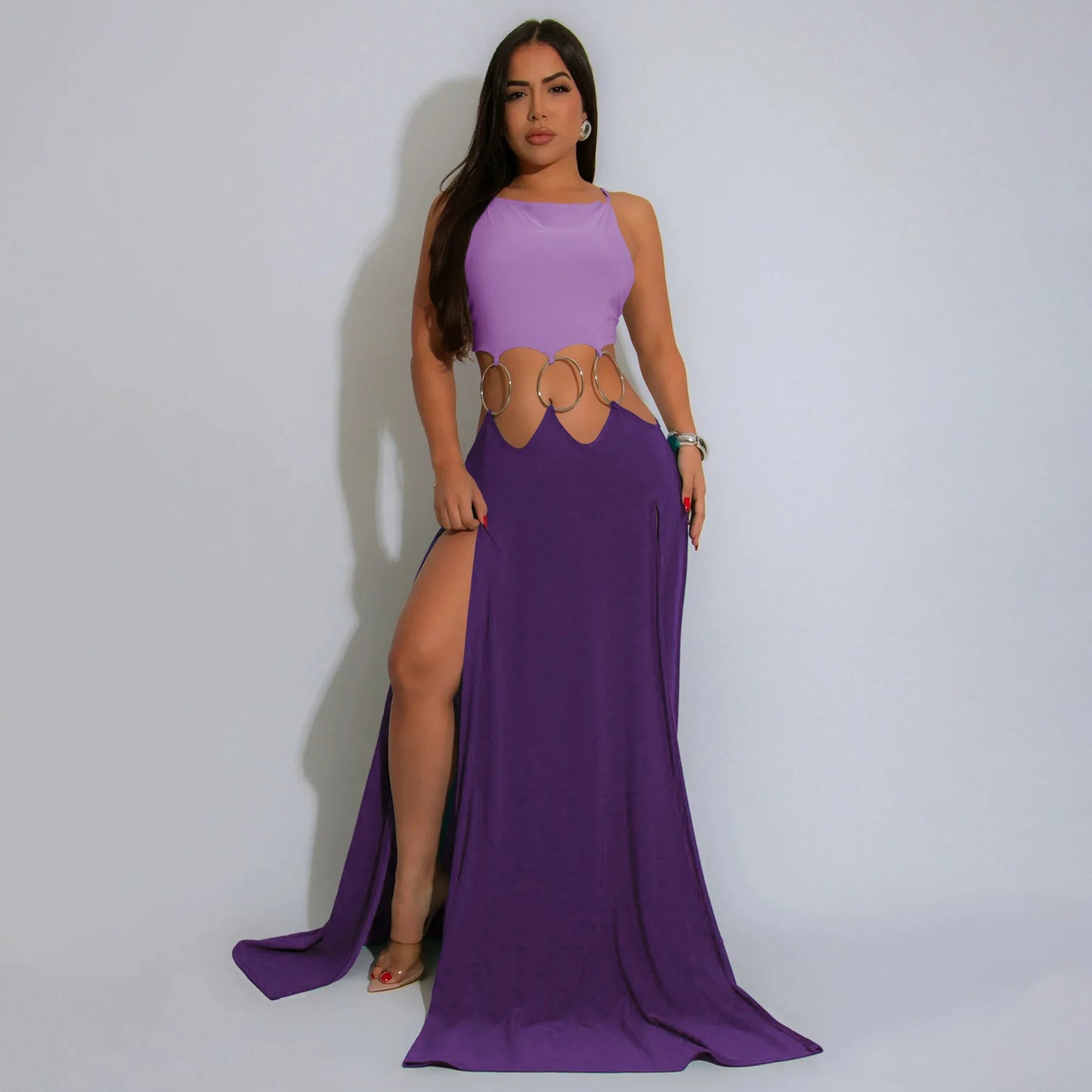 CM.YAYA Women Strap Backless Big Swing Split Maxi Long Dress 2025 Hollow Out Birthday Sexy Club Party Evening Dresses Vestidos