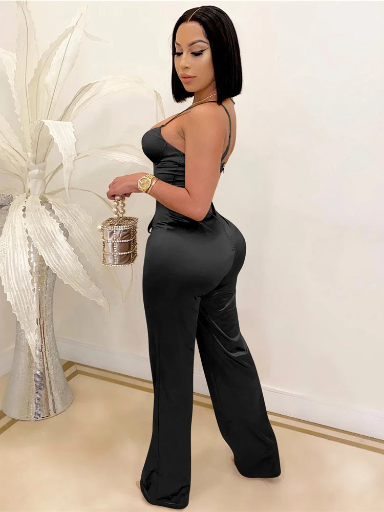 HBLL Women's Sexy Jumpsuits Clubwear Elegant Party Rompers High Waisted Wide Leg Pants One Piece Sleeveless Jumpsuit with Belt