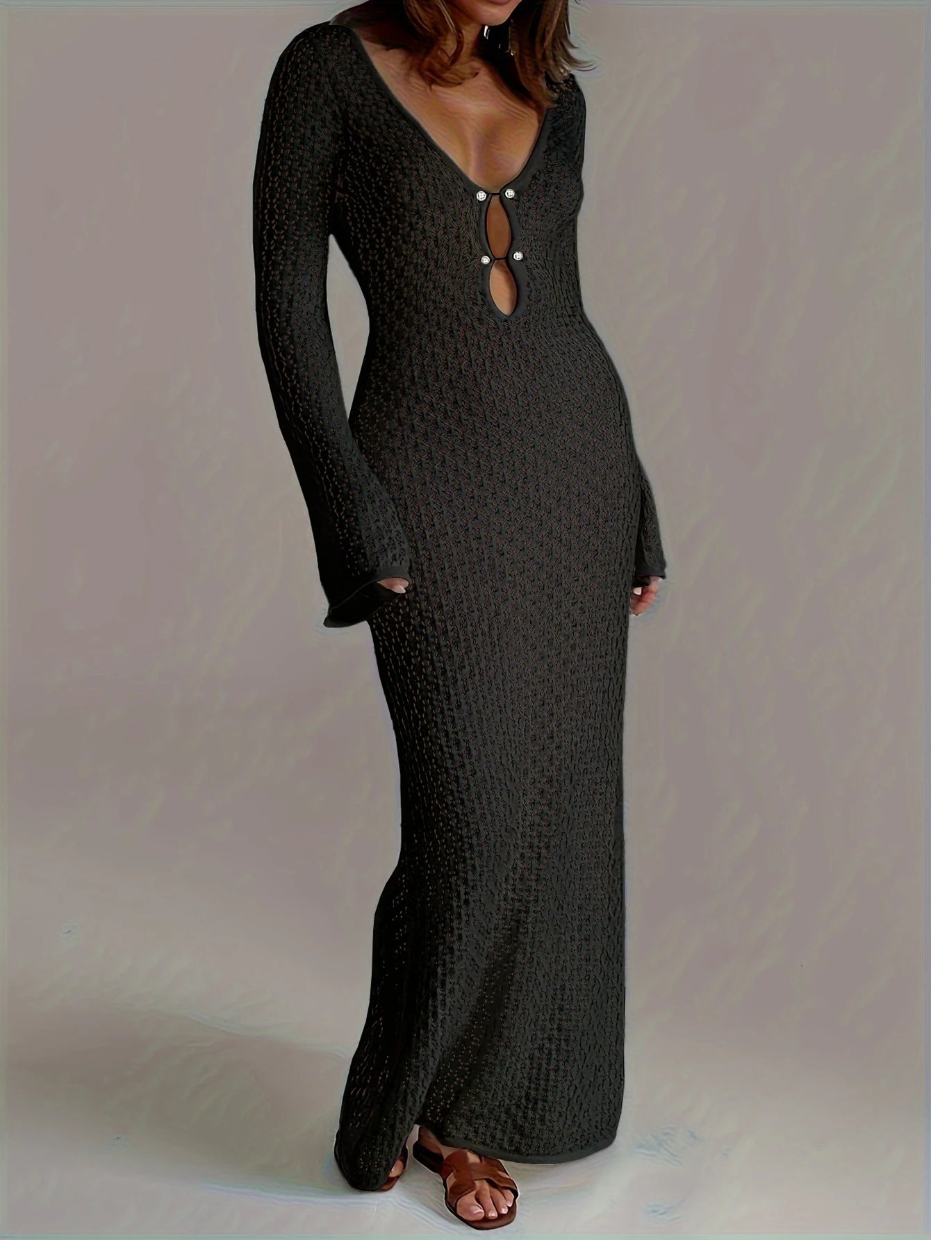 Deep V-Neck Hollow-Out Beach Dress