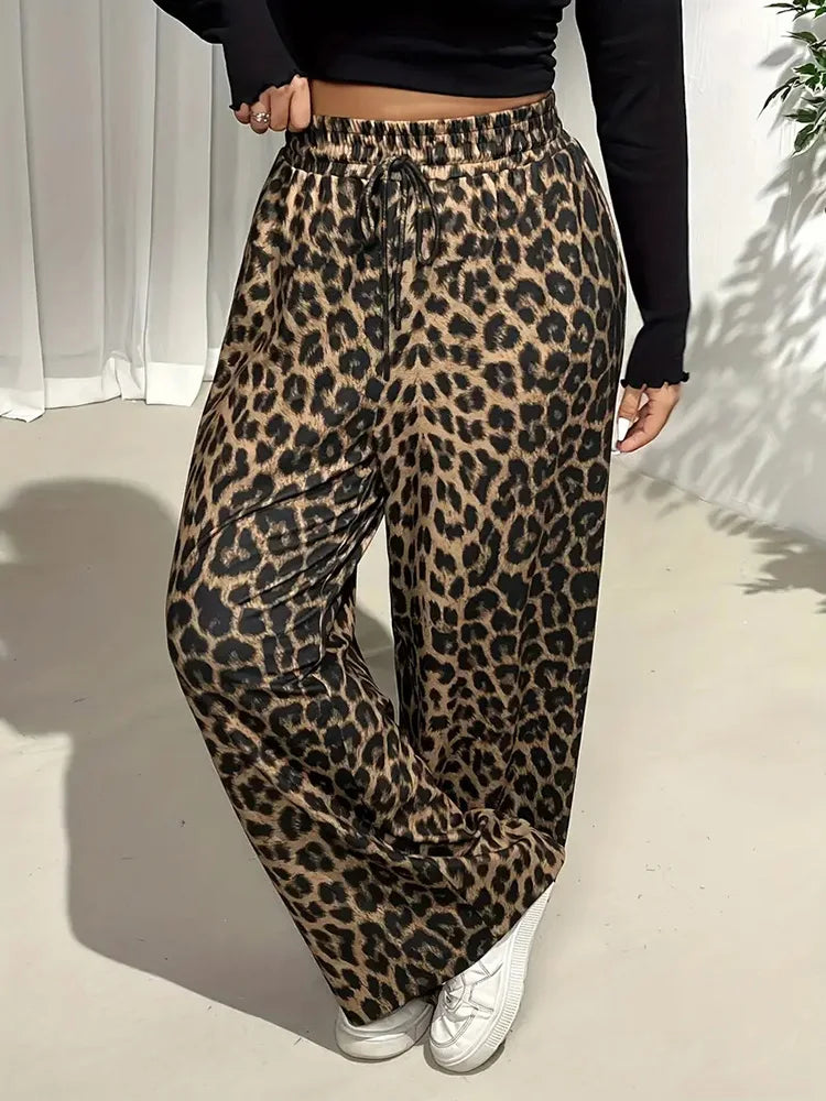GIBSIE Plus Size Leopard Print Drawstring Wide Leg Pants Women 2025 Spring Summer High Waist Loose Casual Straight Trousers