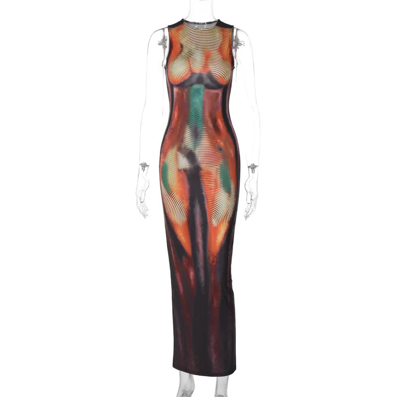 Summer 2024 Y2K Print Sexy Evening Party Club Birthday Maxi Dress for Women Bodycon Sleeveless Long Dresses Outfits Streetwear