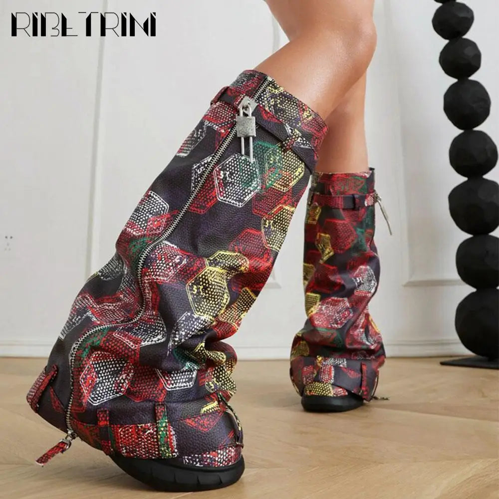 Platform Women Fold Over Mid Calf Padlock Metal Platform Shoes