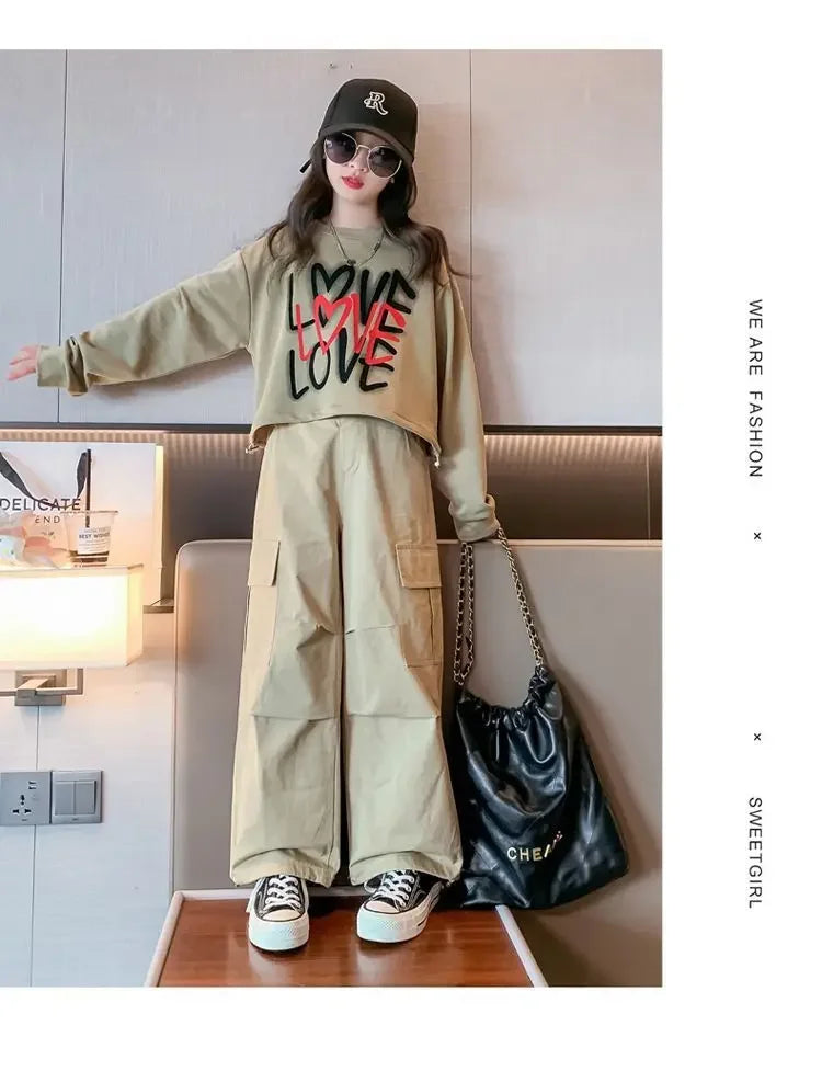 2025 spring autumn Kids tracksuit Children set Girls Clothes loose T-Shirt + wide leg Cargo Pants Teenager 4 5 6 7 10 11 12 year