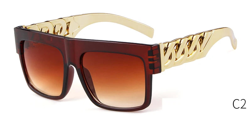 2025 Oversized Hip Hop Sunglasses Men Women Brand Design Flat Top Retro Square Black Sun Glasses Gold Plastic Chain Frame OM725