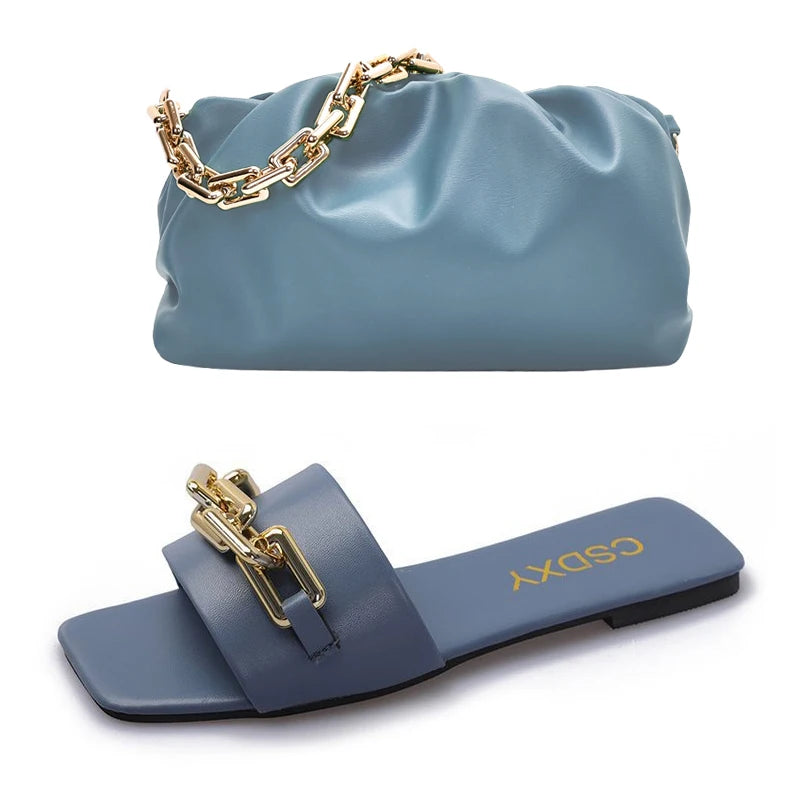 High Quality Purse And Chain Flat Sandals Sets
