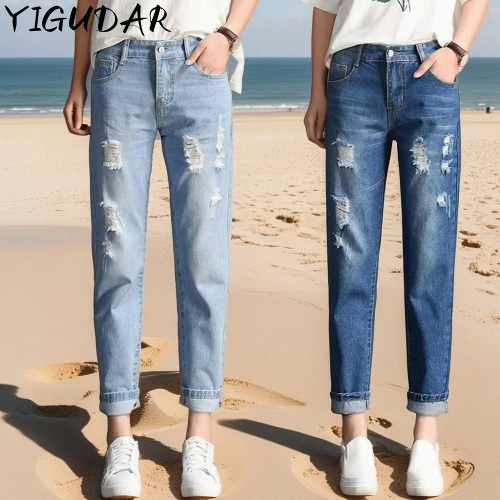 2025 Women jeans Clothing Mid Waist Boyfriend Big Ripped Hole Jeans Casual High Street Denim Pants woman Pencil Jeans y2k