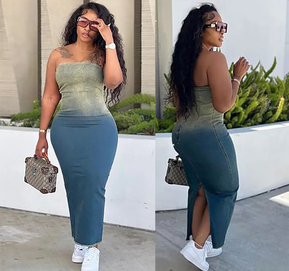 Summer Gradient Women's Denim Dress Fashion Corset Sleeveless Sexy Backless Slim Women's Slit Long Dresses Stretch Jeans Vestido