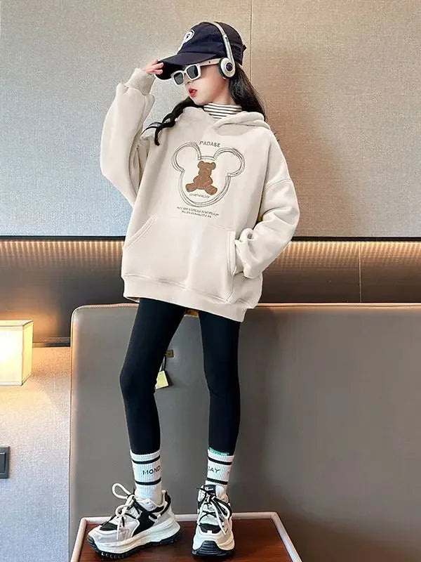2025 girls clothes autumn winter sweatshirt bear t-shirt hooded + stretch pants leggings teens children set 8 9 10 11 12 year