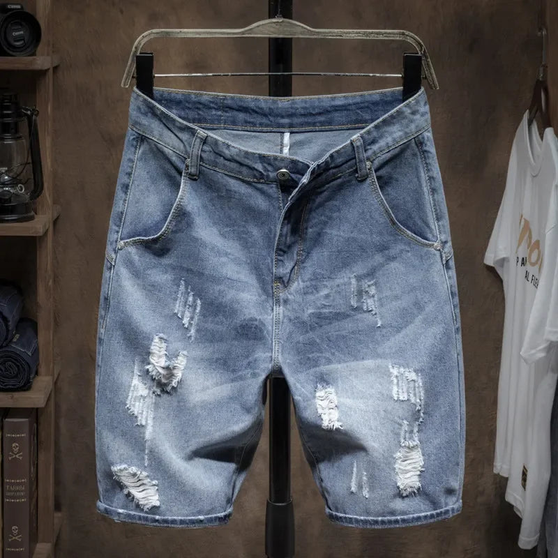 Summer 2025 Light Blue Ripped Cat Whisker Patch Letter Print Slim Denim Shorts Teenagers Jeans Boys and Girls Cowboy Short Pants