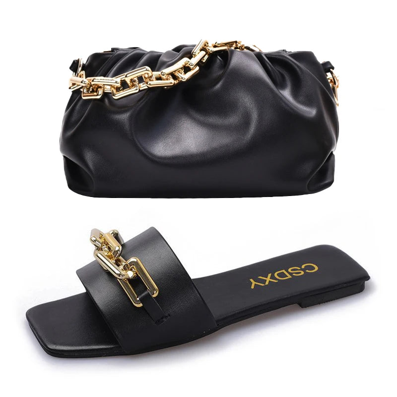 High Quality Purse And Chain Flat Sandals Sets