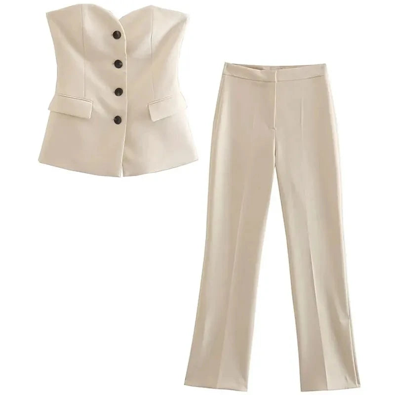 Women Elegant Pant Suit Strapless Top Side Slit Trouser