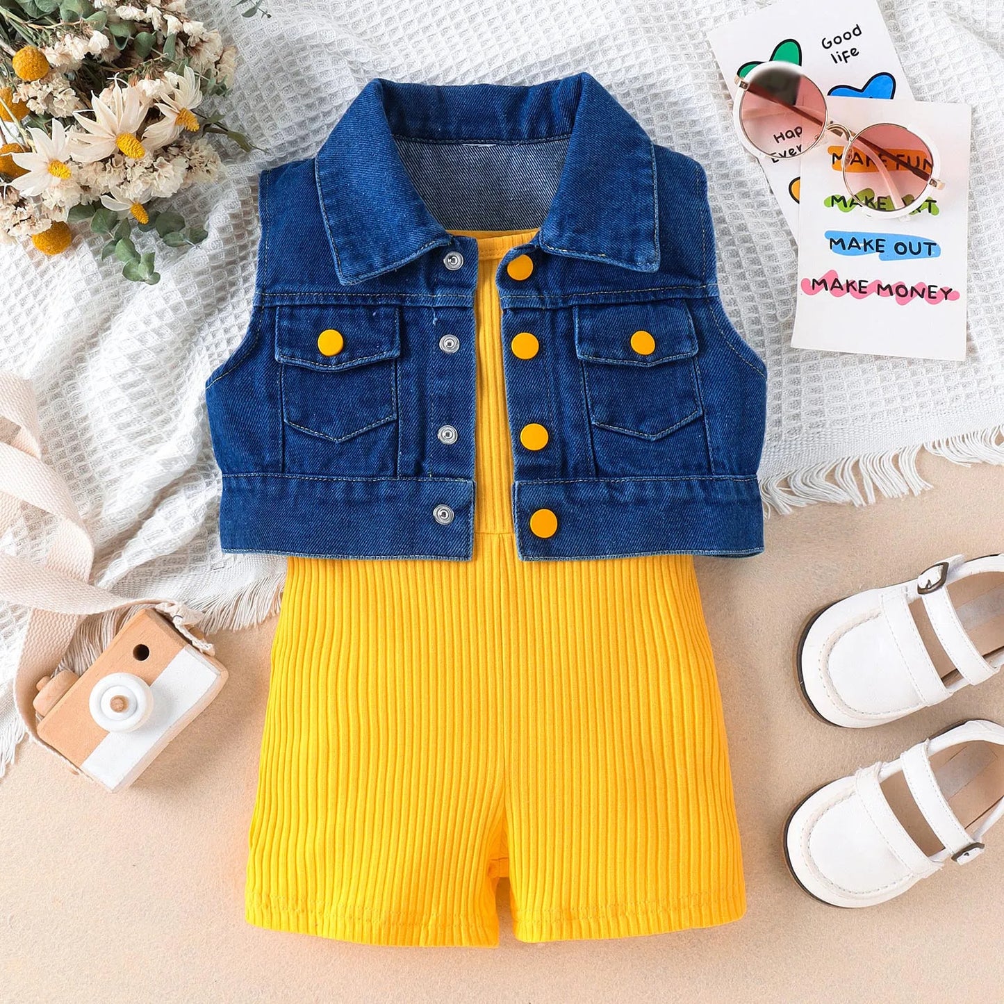 Children Fashion Clothes Sets For Girls 3-7 Years 2025 Summer Sleeveless Solid Rib Bodysuit +Lapel Denim Coat Two Piece Outfits