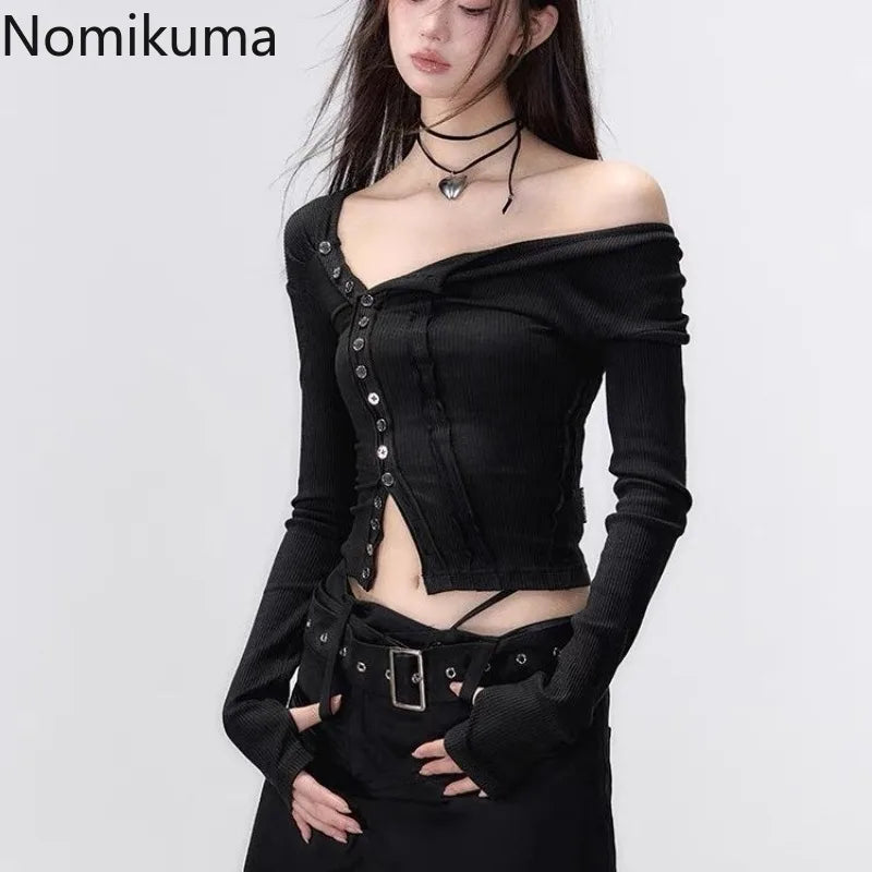 Black Tshirts Women Clothes Long Sleeve Slash Neck Tunic Tees 2025 Ropa Mujer Single Breasted Sexy Korean Y2k T Shirt Ropa Mujer