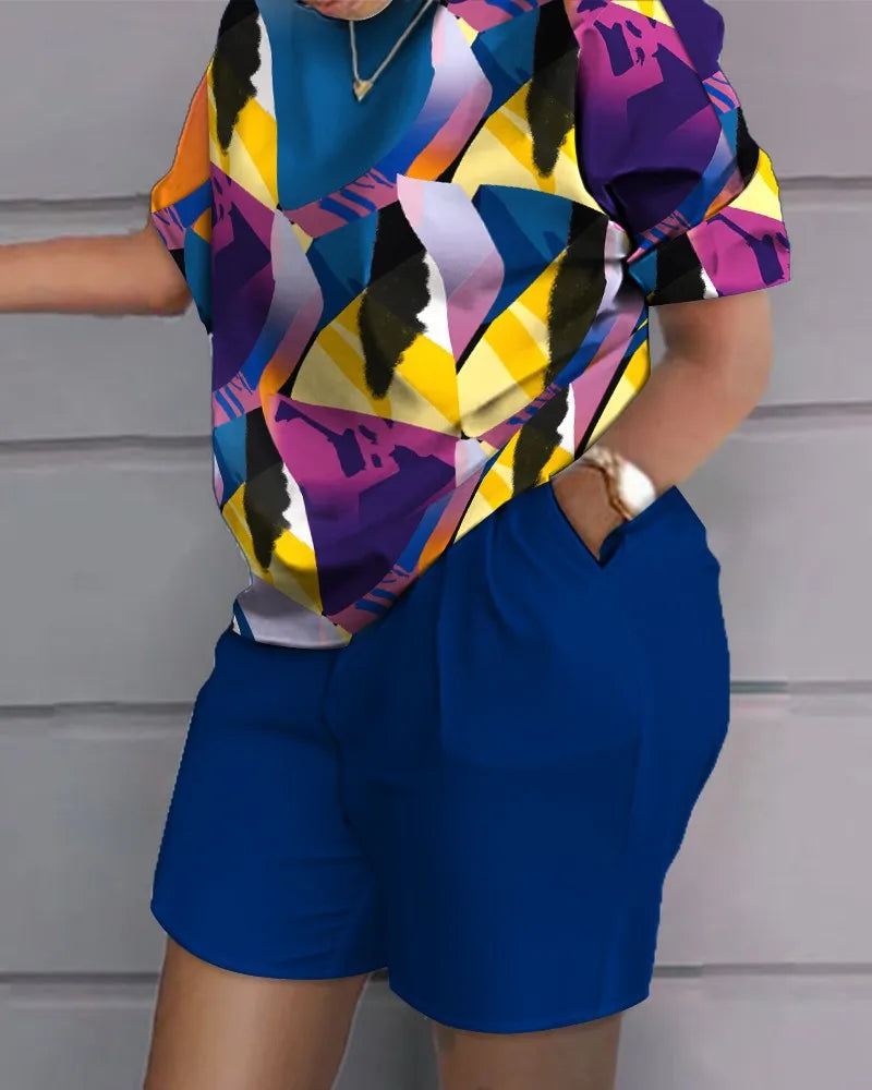Fashion Casual Women's Shorts Short Sleeve Suit Gradient Letter Print Summer Suit T-shirt + Shorts 2 Pieces Plus Size Dress