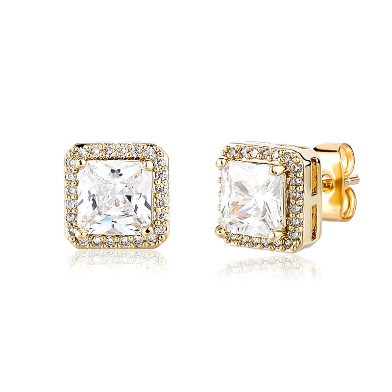 1 Pair Hip Hop 3A+ CZ Stone Pave Bling Ice Out Geometric Square Stud Earrings for Men Rapper Jewelry Gold Silver Color