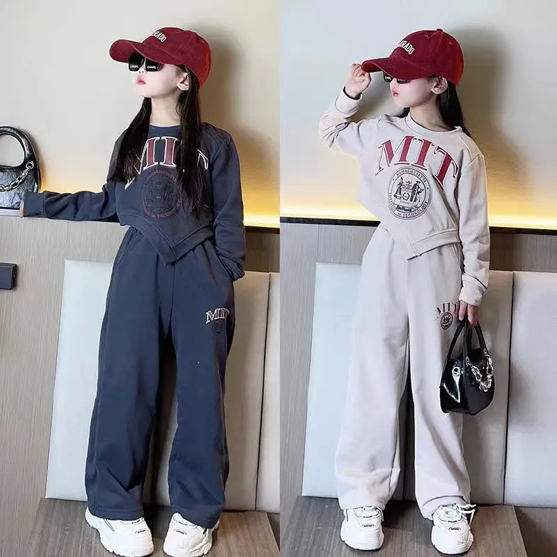 2025 autumn spring kid Girls Clothes Suit Child irregular letter sweatshirt t-shirt top and loose pant Tracksuit 4 8 10 12 year