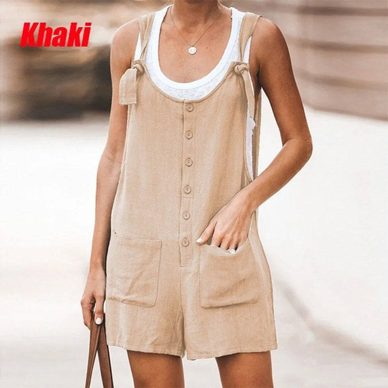 Summer women's solid color patch pocket tied cotton and linen suspender pants