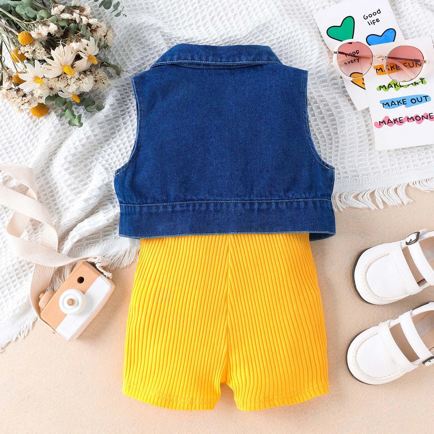 Children Fashion Clothes Sets For Girls 3-7 Years 2025 Summer Sleeveless Solid Rib Bodysuit +Lapel Denim Coat Two Piece Outfits