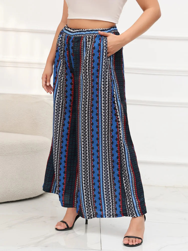 GIBSIE Plus Size Bohemian Printed Women Trousers 2025 Beach Vacation Casual Loose Elastic Waist Wide Leg Pants With Pockets