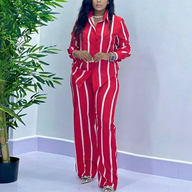 African Stripe Two Piece Set Women Long Sleeve Wide Leg
