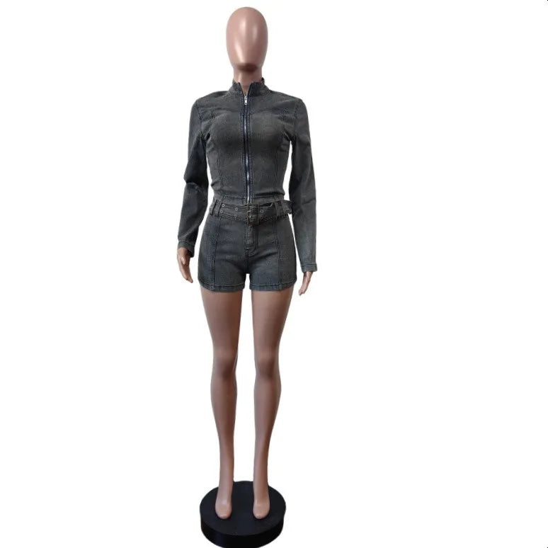 FAGADOER Sexy Denim Two Piece Set for Women Y2k Streetwear Zip Stretchy Long Sleeves Slim Crop Jackets And Shorts Suits 2025 New