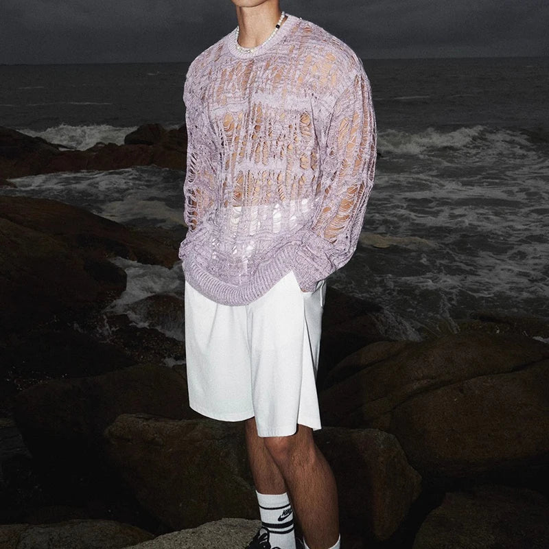 Sexy Hollow Out Mesh Knit T Shirts Men See Through Ripped Crew Neck Pullover Tops For Mens 2025 Spring Fashion Knitting T-shirt