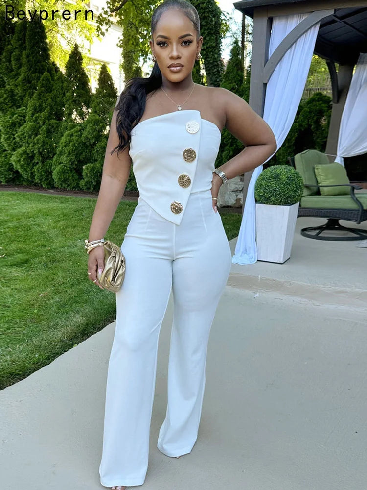 Beyprern Elegant Off Shoulder Button Details Irregular Girl Jumpsuits Women's Fitted Overalls Outfits Night Clubwear Rave Wear