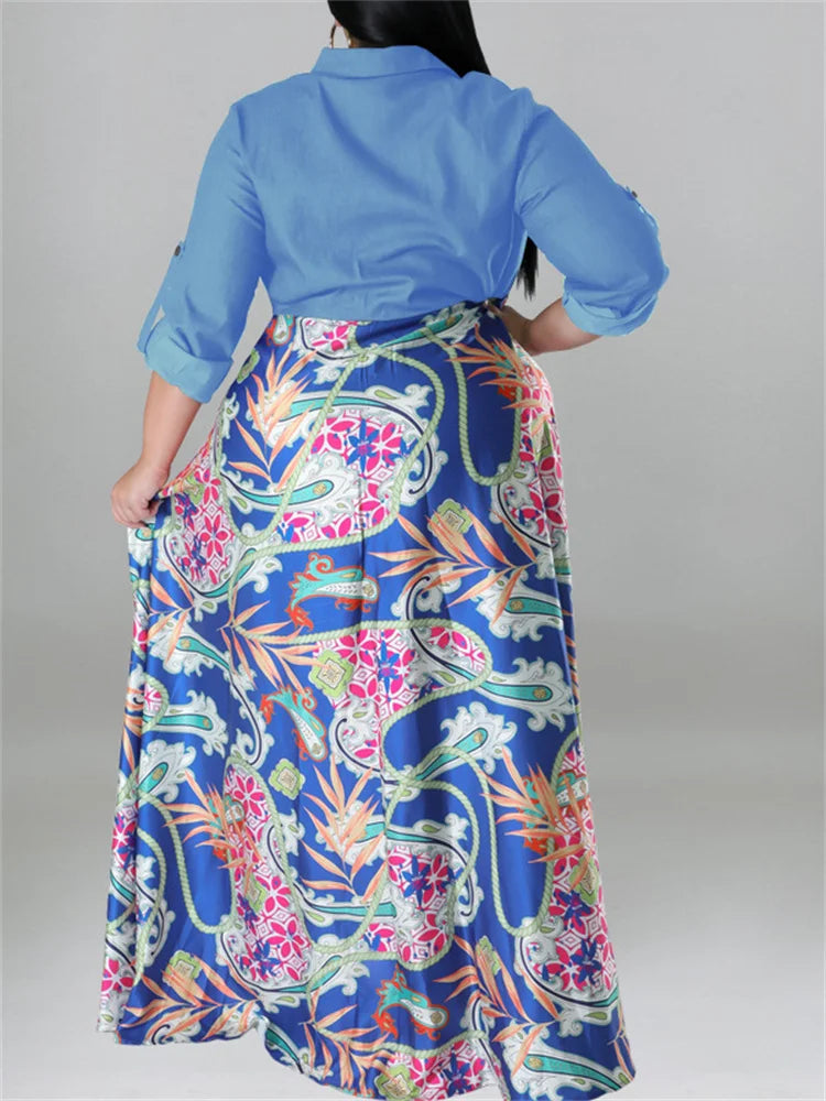 Wmstar Plus Size Women Dress Button Patchwork High Waist Elegant Long Sleeve New in Fall Maxi Dresses Wholesale Dropshipping