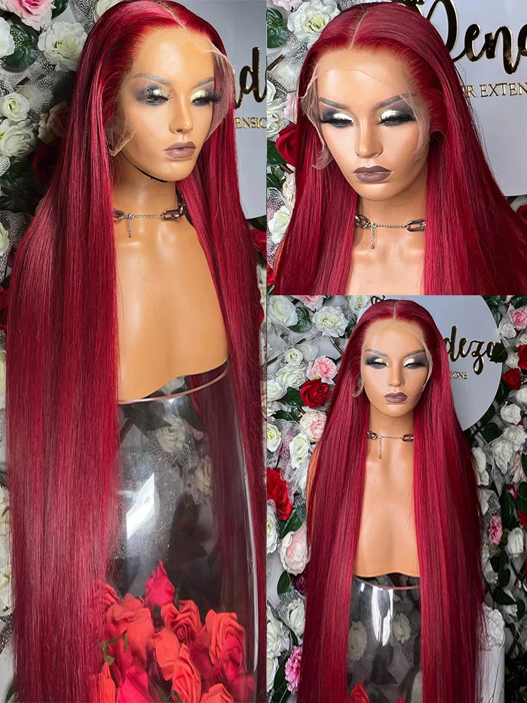 Straight 13x4 13x6 HD Lace Front Human Hair Wig 99J Red Burgundy Colored HD Transparent PrePlucked Lace Frontal Human Hair Wigs