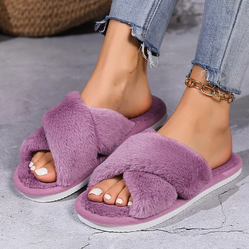 Cross Warm Fluffy Furry Lightweight Slippers For Women