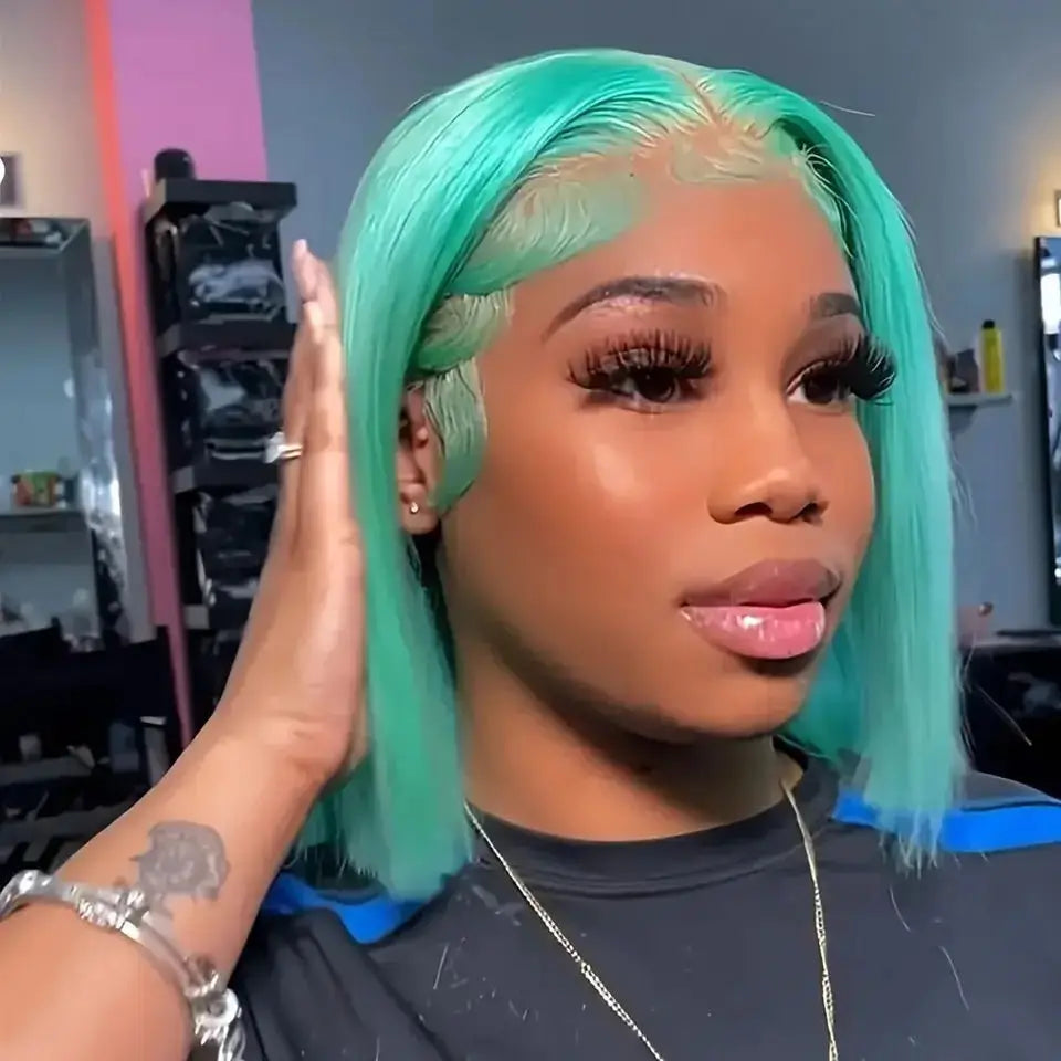 Mint Green Bob Wig Human Hair 200% Density 13x4 Transparent Straight Lace Front Wigs Pre Plucked with Baby Hair for Black Women