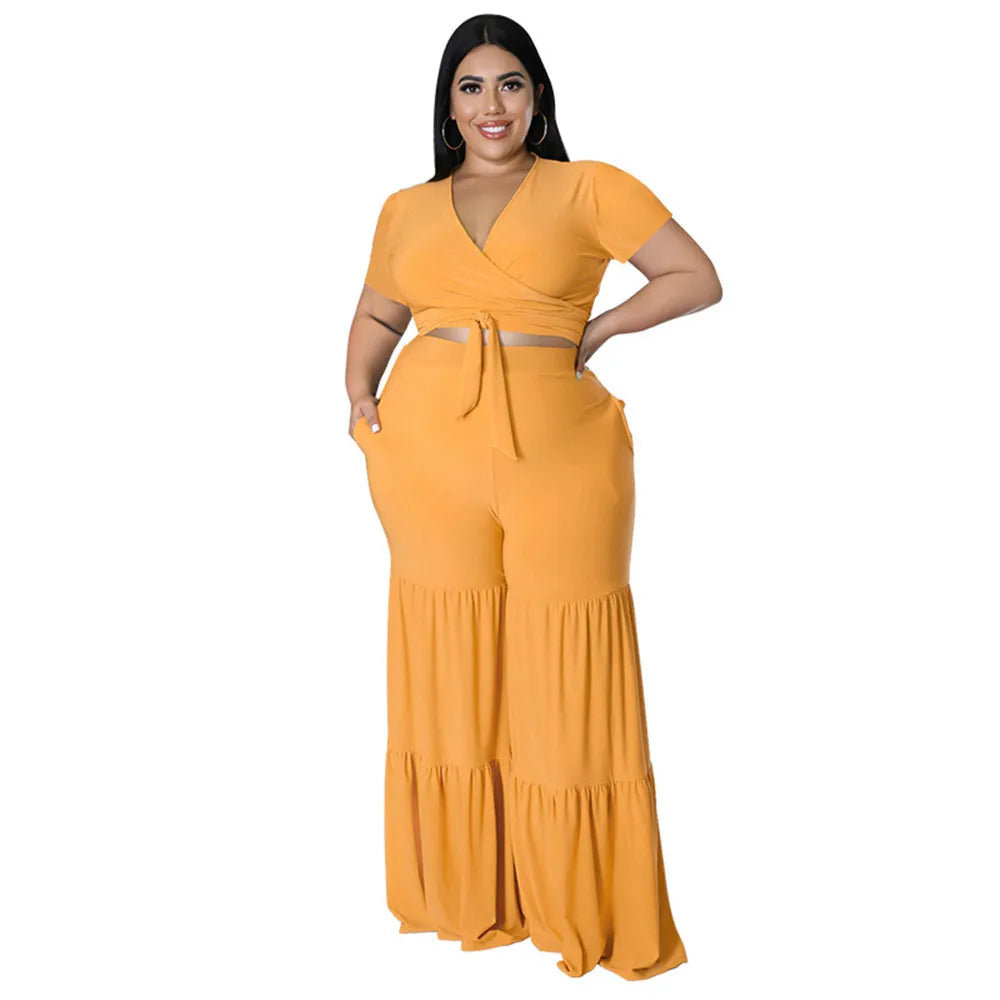 Wmstar Plus Size Pants Sets Two Piece Outfits Summer Holiday Solid Bandage Top Wide Leg New Matching Suit Wholesale Dropshipping
