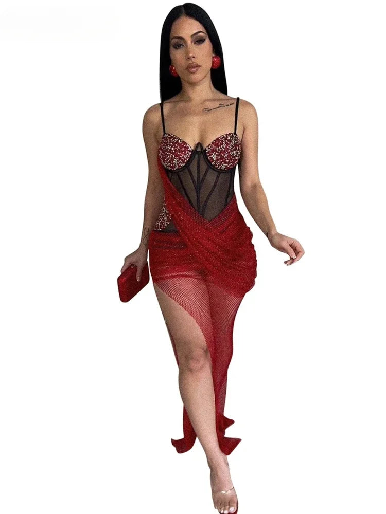 Luxury Irregular Lace Rhinestone Fish Bone Mesh Spaghetti Strips Slim Split Long Party Women Sexy Birthday Wedding Guest Dress