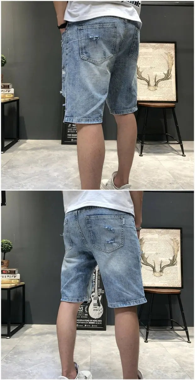 Summer 2025 Light Blue Ripped Cat Whisker Patch Letter Print Slim Denim Shorts Teenagers Jeans Boys and Girls Cowboy Short Pants