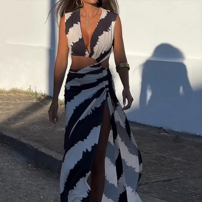 Ellafads Maxi Dress Women's Summer Sexy Printed Fashion Hollow V Neck Tie Pleated Irregular Slim Holiday Dresses Streetwear