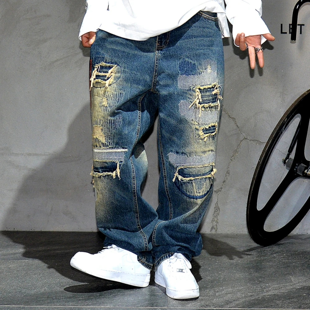 American Streetwear Ripped Patch Jeans Hip Hop Baggy Jeans Mens Clothing Vintage Denim Cargo Pants Japanese Harajuku Trousers