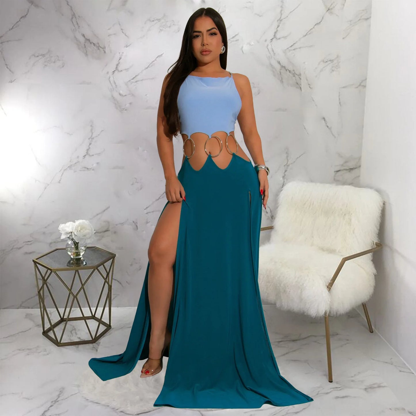 CM.YAYA Women Strap Backless Big Swing Split Maxi Long Dress 2025 Hollow Out Birthday Sexy Club Party Evening Dresses Vestidos
