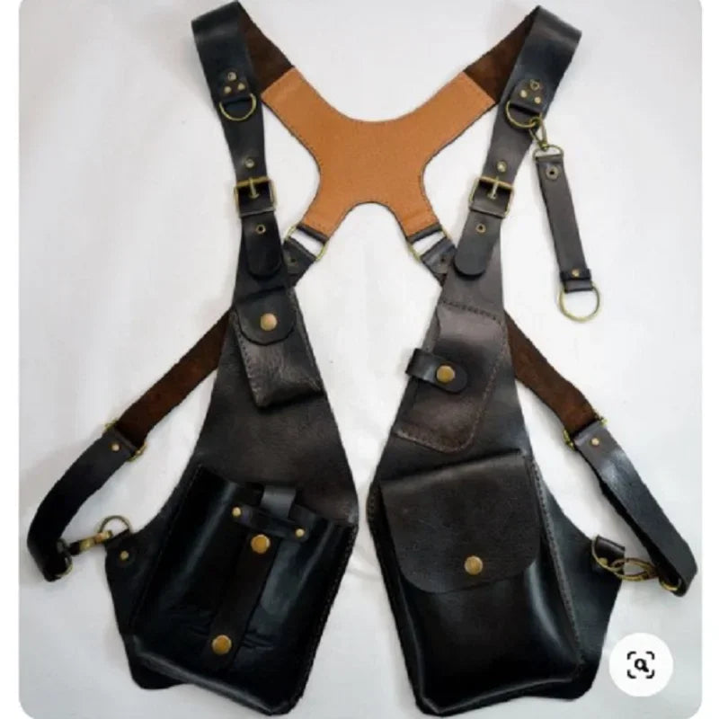 Men Women steampunk vintage cosplay PU leather shoulder harness bag double Phone Wallet case holster Viking underarm purse
