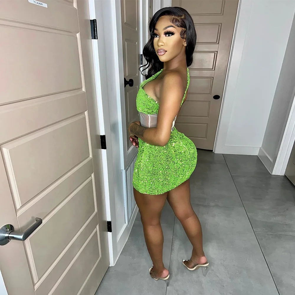 2023 Summer Women Sleeveless One Shoulder Bodycon Sexy Glitter Sequined Mesh Patchwork Mini Dress For Women Birthday Party
