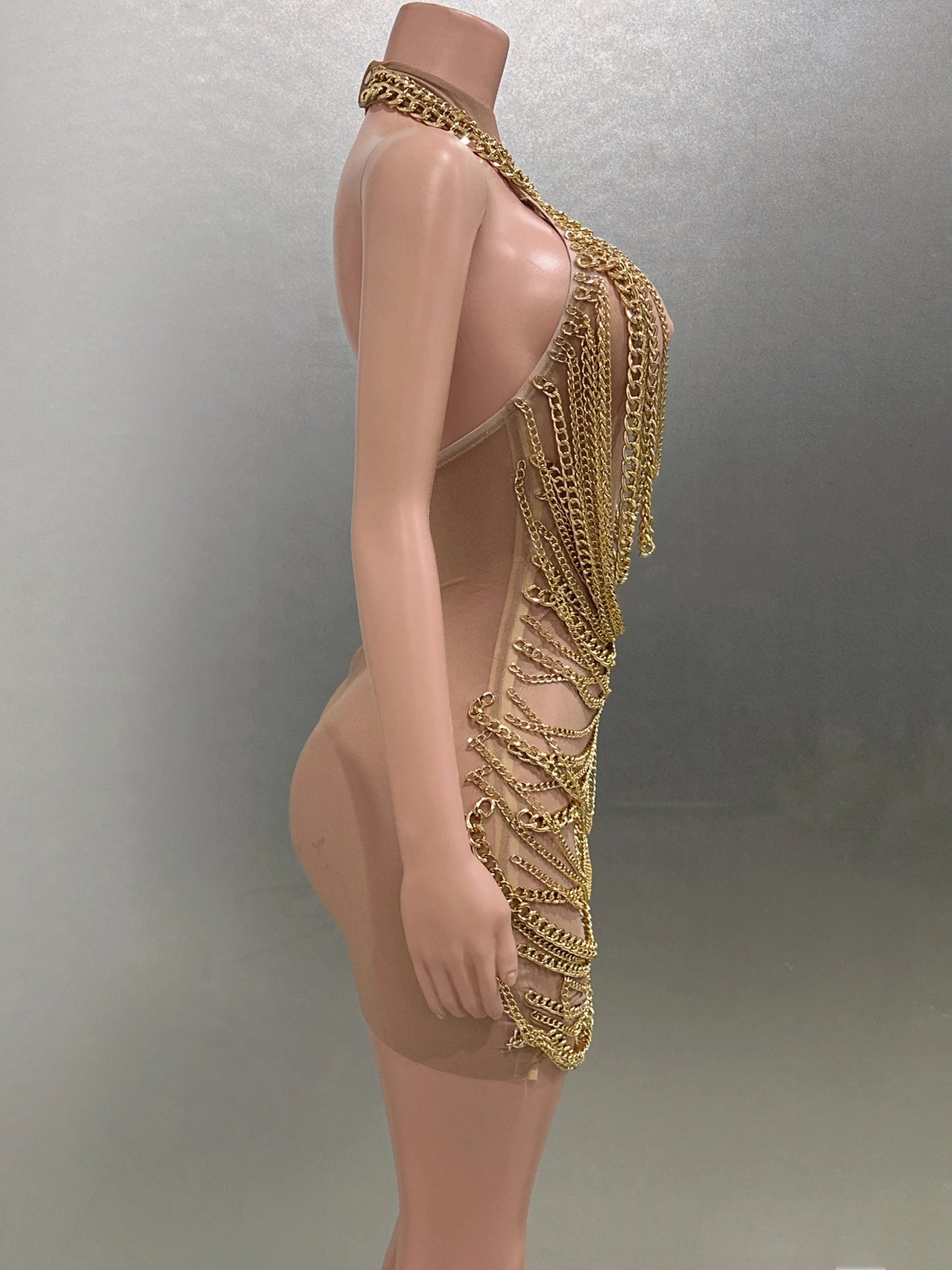 Gold Luxury Chains Khaki Sexy See-Through Sheath Mini Dress Evening Party Performance Costume Bar Nightclub Singer Stage Wear